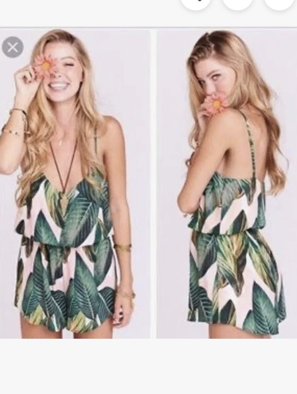 Show Me Your MuMu White Romper with Green Leaf Print